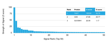Analysis of Protein Array containing more than 19,000 full-length human proteins using TIGIT antibody (TIGIT/3033). Z- and S- Score: The Z-score represents the strength of a signal that a monoclonal antibody (MAb) (in combination with a fluorescently-tagged anti-IgG secondary antibody) produces when binding to a particular protein on the HuProtTM array. Z-scores are described in units of standard deviations (SD's) above the mean value of all signals generated on that array. If targets on HuProtTM are arranged in descending order of the Z-score, the S-score is the difference (also in units of SD's) between the Z-score. S-score therefore represents the relative target specificity of a MAb to its intended target. A MAb is considered to specific to its intended target, if the MAb has an S-score of at least 2.5. For example, if a MAb binds to protein X with a Z-score of 43 and to protein Y with a Z-score of 14, then the S-score for the binding of that MAb to protein X is equal to 29.