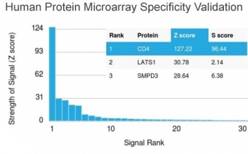 Analysis of HuProt(TM) microarray containing more than 19,000 full-length human proteins using CD4 antibody (clone CD4/3026). These results demonstrate the foremost specificity of the CD4/3026 mAb. Z- and S- score: The Z-score represents the strength of a signal that an antibody (in combination with a fluorescently-tagged anti-IgG secondary Ab) produces when binding to a particular protein on the HuProt(TM) array. Z-scores are described in units of standard deviations (SD's) above the mean value of all signals generated on that array. If the targets on the HuProt(TM) are arranged in descending order of the Z-score, the S-score is the difference (also in units of SD's) between the Z-scores. The S-score therefore represents the relative target specificity of an Ab to its intended target.
