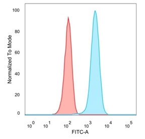 FACS staining of PFA-fixed human MCF-7 cells with Lactoferrin antibody (blue, clone LTF/4079) and isotype control (red).